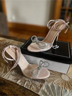 Qupid Blush Pink Rhinestone Bow Stiletto Sandals
